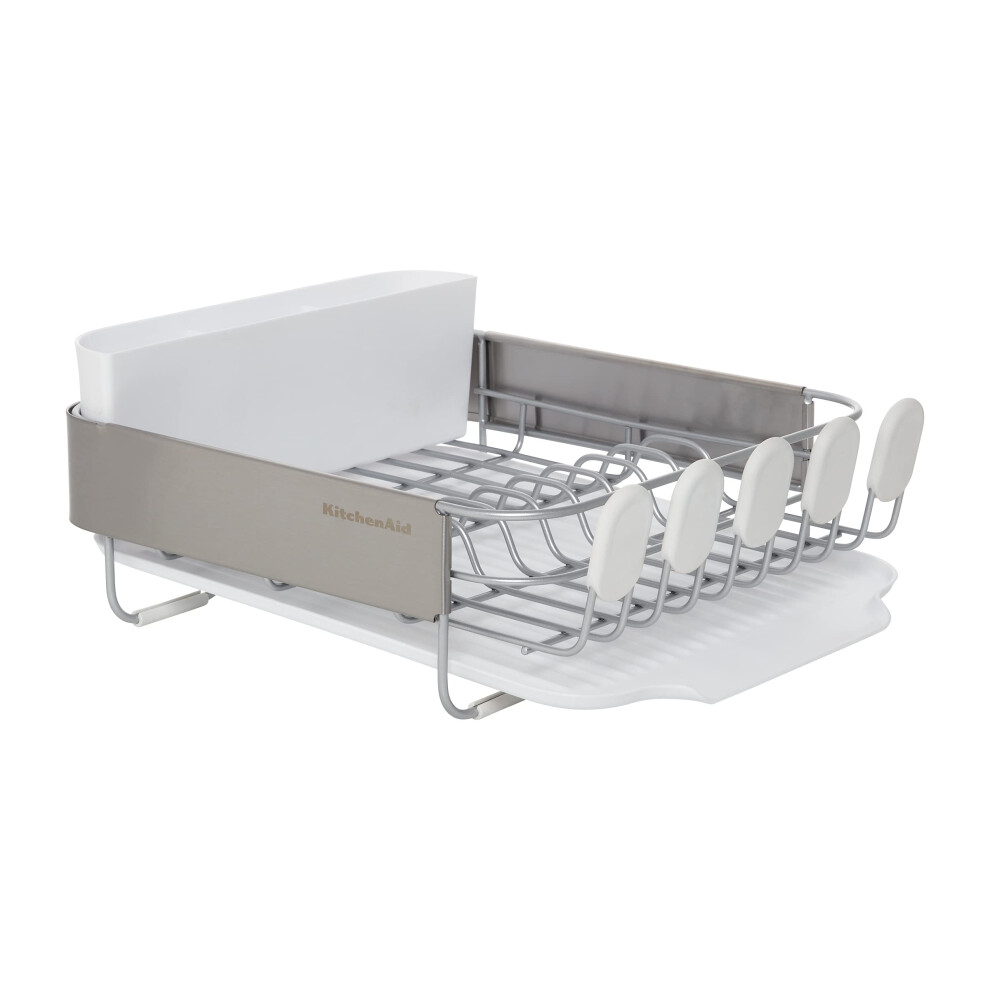 KitchenAid Compact Satin Wire Rust Resistant  Expandable Dish Rack with Angled Self Draining Drainboard with Removable Flatware Caddy  23.18-Inch  Gra