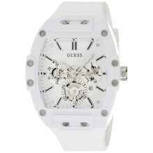 GUESS Mens Casual Multifunction 43mm Watch - White Polycarbonate Case with White Skeleton Dial & White Silicone Strap