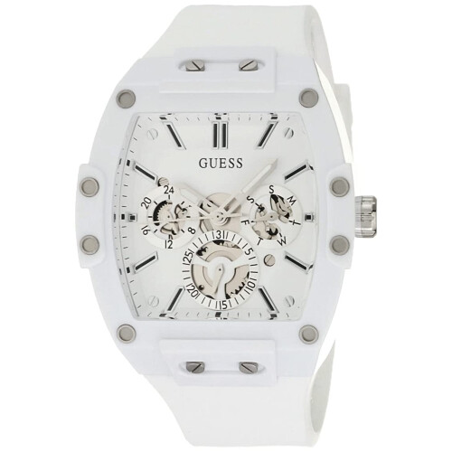 Guess GUESS Mens Casual Multifunction 43mm Watch - White Polycarbonate Case with White Skeleton Dial & White Silicone Strap