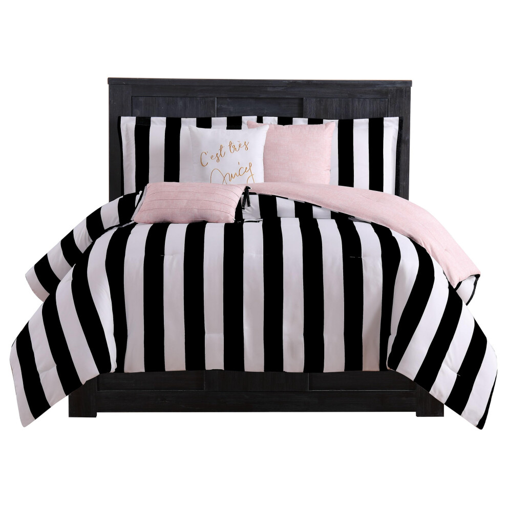 Juicy Couture - Comforter Set  Cabana Stripe Design  Twin Bedding  5 Piece Set Includes 1 Comforter  1 Sham and 3 Decorative Pillows  100% Microfiber