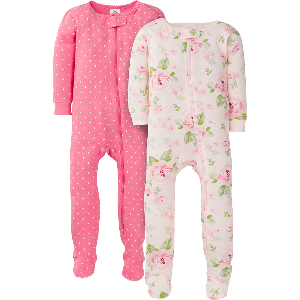 Gerber Baby Girls' 2-Pack Footed Pajamas  Pink Rose  12 Months