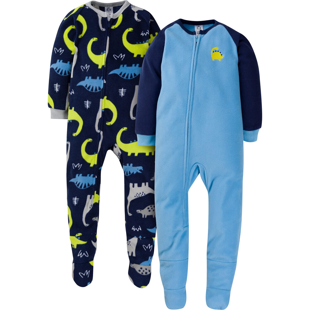 Gerber Baby Boys' Toddler Loose Fit Flame Resistant Fleece Footed Pajamas 2-Pack  Blue Dinos  6-9 Months