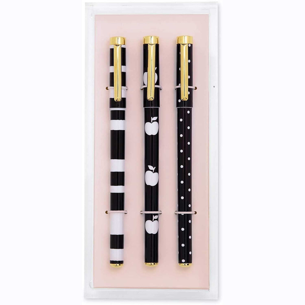 Kate Spade New York Fine Tip Pen Set of 3  Black Ink Pens with Acrylic Desk Organizer Tray  Dots and Stripes