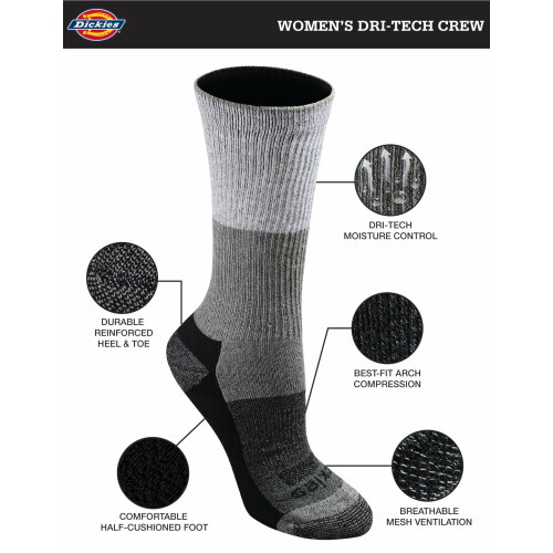 Dickies Dickies dame Dri-tech Moisture Control Crew Multipack Sokker Sort Dot Assorted (6 par) Skost?rrelse 4-6 US 1