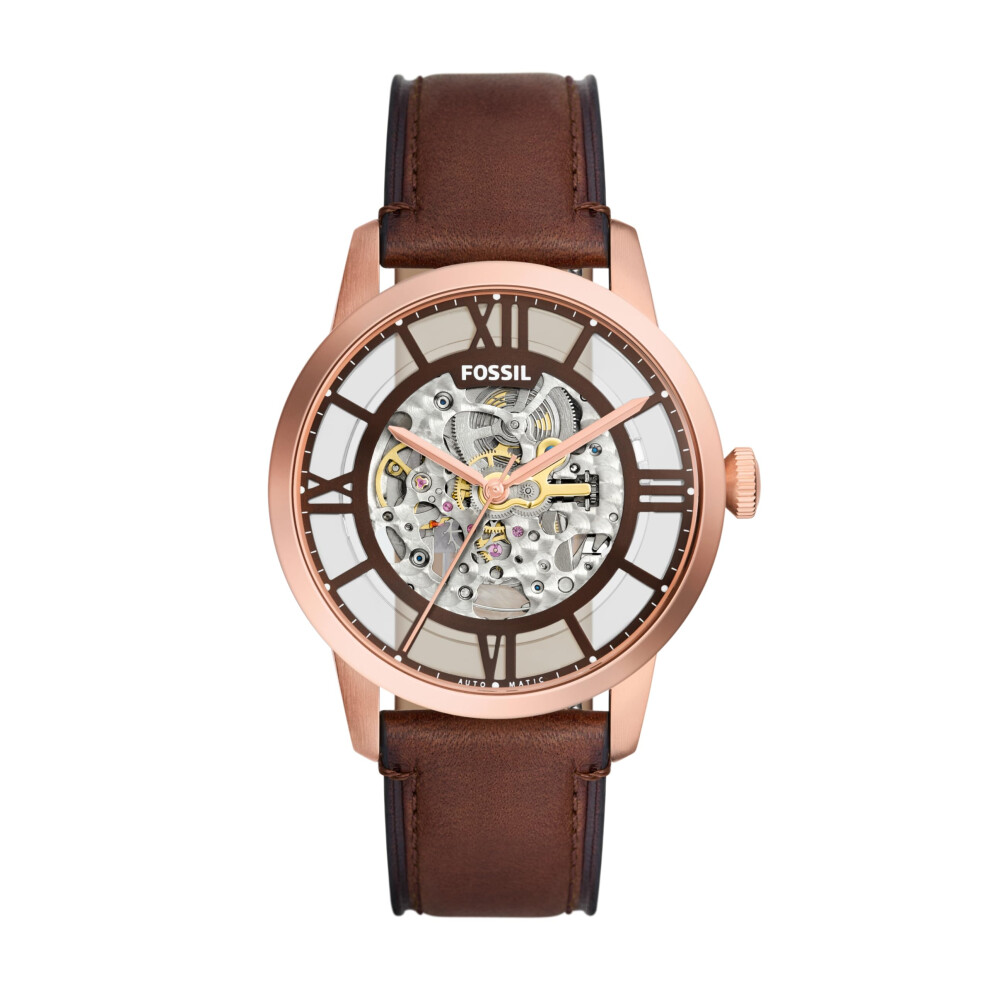 Fossil Men's Townsman Automatic Stainless Steel and Leather Three-Hand Skeleton Watch  Color: Rose Gold/Chocolate (Model: ME3259)