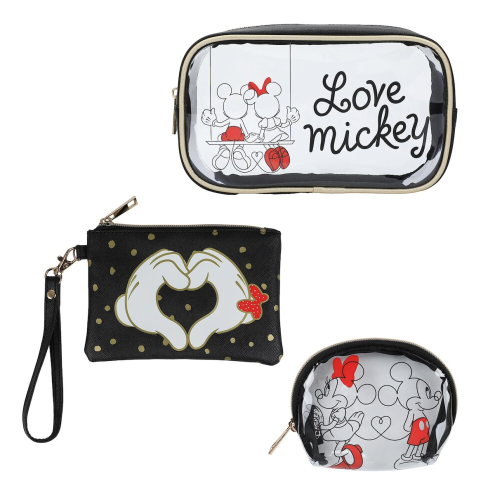 Bioworld Mickey Ensemble de 3 trousses de toilette avec trousse de maquillage en PVC transparent