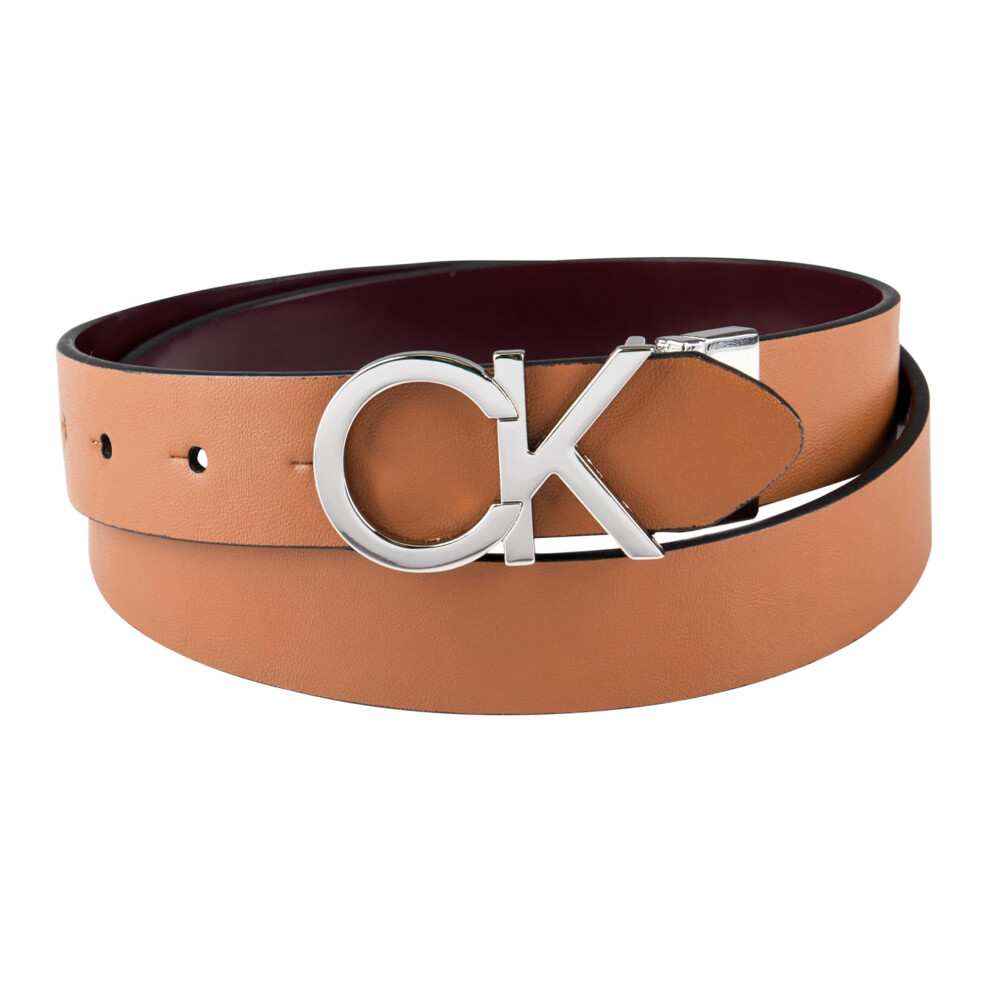 Calvin Klein Women's Two-In-One Reversible Ck Monogram Plaque Buckle Tan/ Medium Red