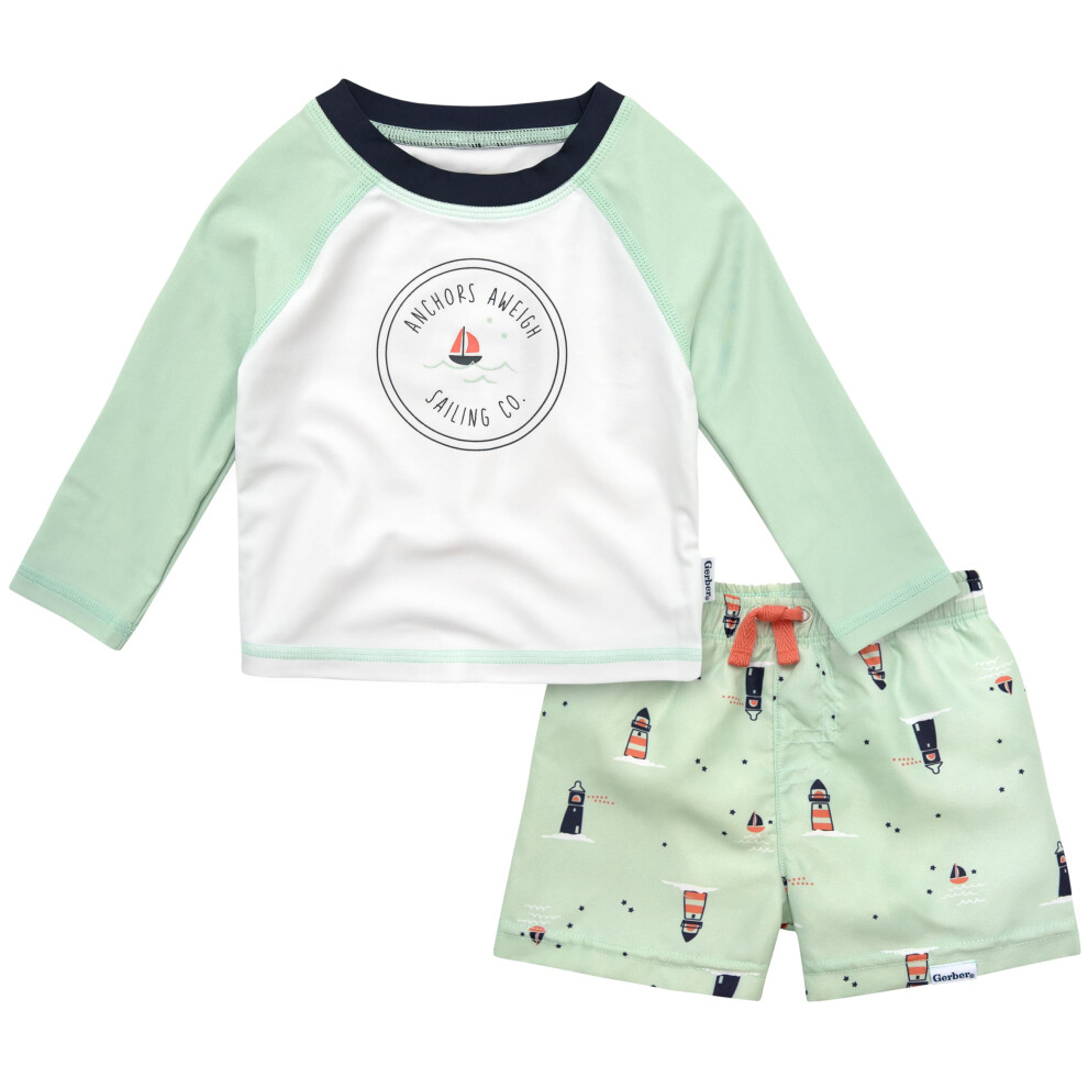Gerber Baby Boy's Toddler Long Sleeved Rashguard Swim Bathing Suit Set  Blue Sailboat  2T