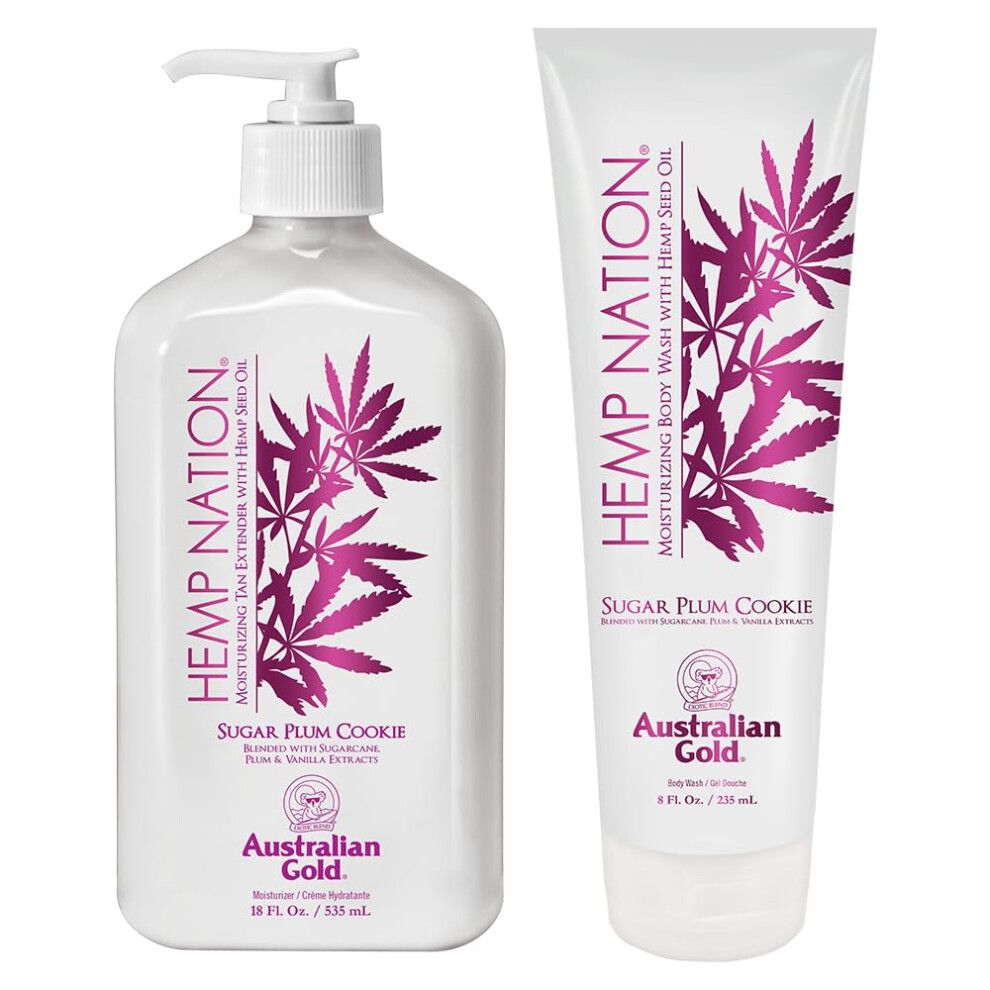 Australian Gold Hemp Nation Sugar Plum Cookie Bundle - Tan Extender Body Lotion (18 FL Oz) and Body Wash (8 FL Oz)  Delectable Blend of Sugarcane  Plu