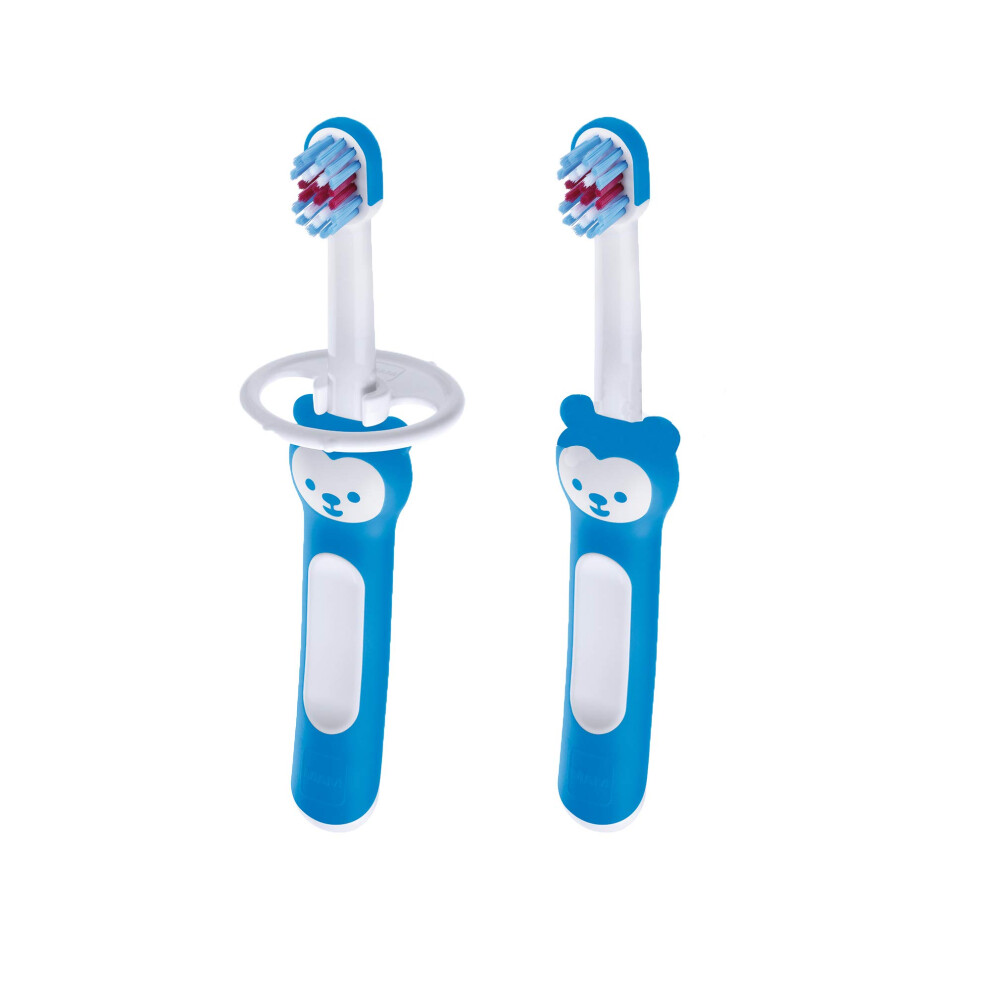 Mam Baby Toothbrushes (2 Babys Brushes And 1 Safety Shield) Toothbrushes With Brushy The Bear Character Interactive App For Boys 6 Months Blue
