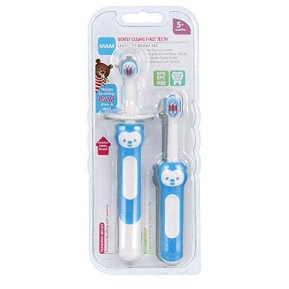 Mam Learn To Brush Set (1 Baby's Brush Toothbrush 1 Training Brush 1 Safety Shield) Baby Toothbrushes With Brushy The Bear Interactive App For Bo