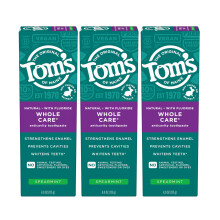 Tom's of Maine Whole Care Natural Toothpaste with Fluoride Spearmint 4 Ounce (Pack of 3) (Packaging May Vary)