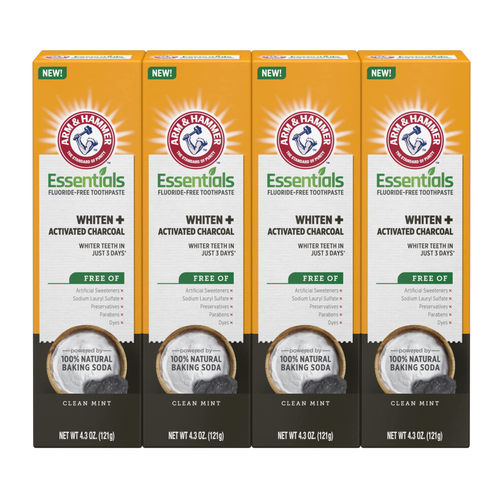 Arm & Hammer Essentials Fluoride-Free Toothpaste Whiten + Activated Charcoal-4 Pack Of 4.3Oz Tubes Clean Mint- 100% Natural Baking Soda
