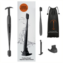 TOKII Toothbrush with Soft Bamboo Charcoal Bristles & Sliding Tongue Scraper Reduces Bad Breath | Improves Taste Buds | Waterproof Travel Pouch | Hygi