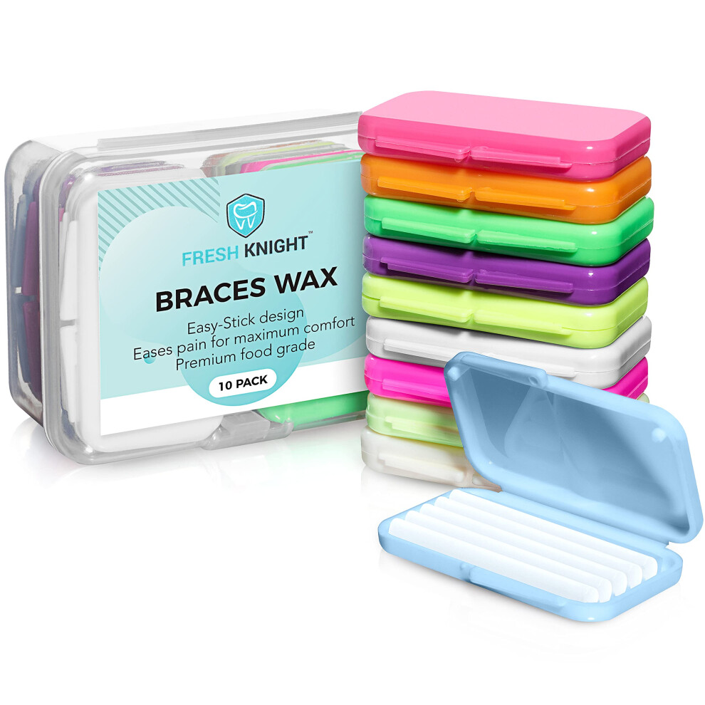 Fresh Knight Braces Wax 10 Pack. Dental Wax For Braces & Aligners Unscented & Flavorless - 50 Premium Orthodontic Wax Strips. Color Cases. Includes Storage Case.
