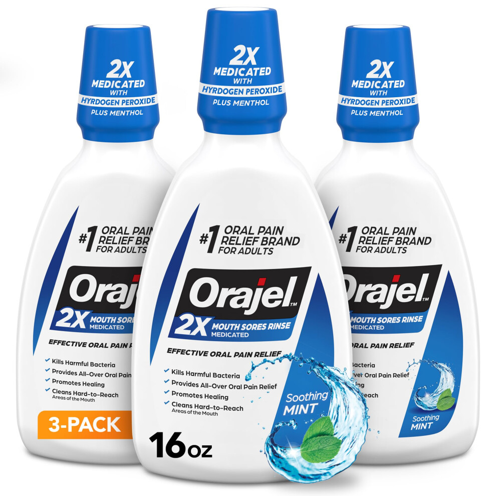 Orajel Nonseptic Mouth Sore Rinse 16Oz Soothing Mint Flavor Provides Pain Relief Promotes Healing 3-Pack