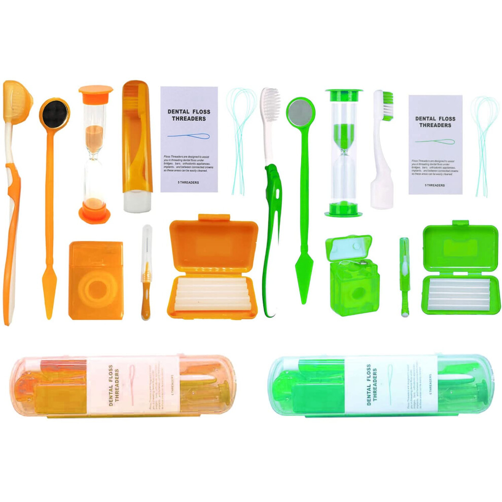 Smillsu Lot de 2 kits de soins bucco-dentaires orthodontiques portables, kit de voyage pour patients, brossage interdentaire, cire, fil dentaire, nett