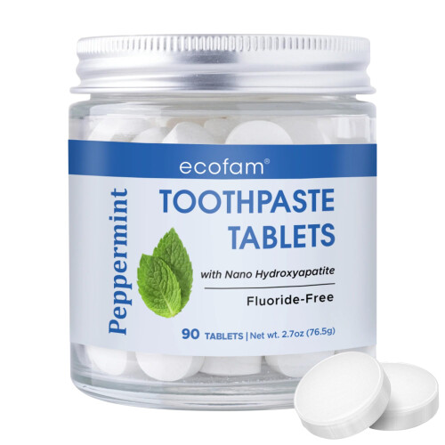 Ecofam Toothpaste Tablets - Peppermint | Chewable Hydroxyapatite Toothpaste for Fresh Breath | Fluoride Free | Nano | 90 Tablets