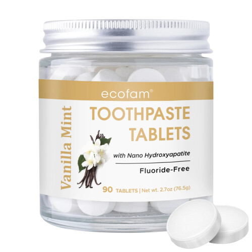 Ecofam Toothpaste Tablets - Vanilla Mint | Chewable Toothpaste Tablets for Fresh Breath | Fluoride Free | Nano Hydroxyapatite Toothpaste | 90 Tablets