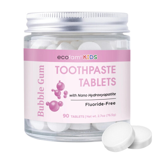 Ecofam Toothpaste Tablets - Bubble Gum | Chewable Toothpaste Tablets for Fresh Breath | Fluoride Free | Nano Hydroxyapatite Toothpaste | 90 Tablets