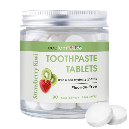 Ecofam Toothpaste Tablets - Strawberry Kiwi | Chewable Toothpaste Tablets for Fresh Breath | Fluoride Free | Nano Hydroxyapatite Toothpaste | 90 Tabl