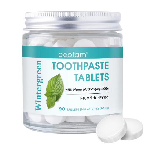 Ecofam Toothpaste Tablets - Wintergreen | Chewable Toothpaste Tablets for Fresh Breath | Fluoride Free | Nano Hydroxyapatite Toothpaste | 90 Tablets