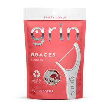 GRIN Bretels Flosser Flosdraadprikkers Ontworpen voor beugels 60 stuks Tandenflossers Gerecycled plastic Ortho-goedgekeurd Premium dunne floss Inclus