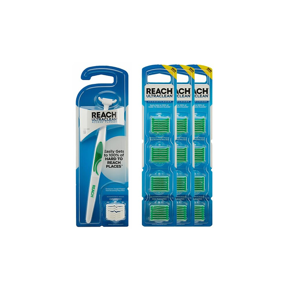 Reach Ultraclean Access Flosser Bundle  Mint  Plaque Remover for Teeth  for Hard to Reach Areas  Oral Care  PFAS-Free  1 Flosser Starter Kit + 3 Packs