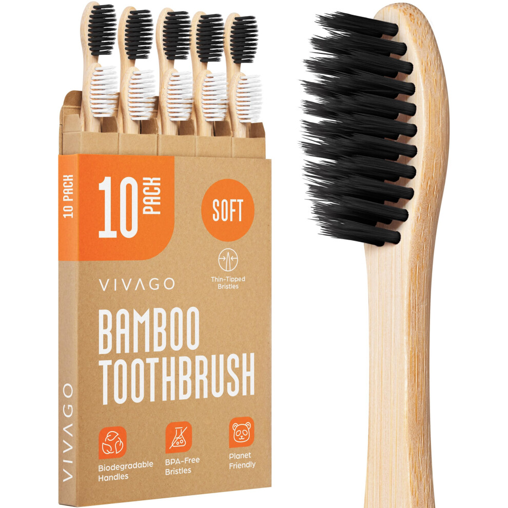 Vivago Biodegradable Bamboo Toothbrushes Soft Bristles 10 Pack - Bpa Free Soft Bristles Toothbrushes For Adults Eco-Friendly Compostable Natural Woo