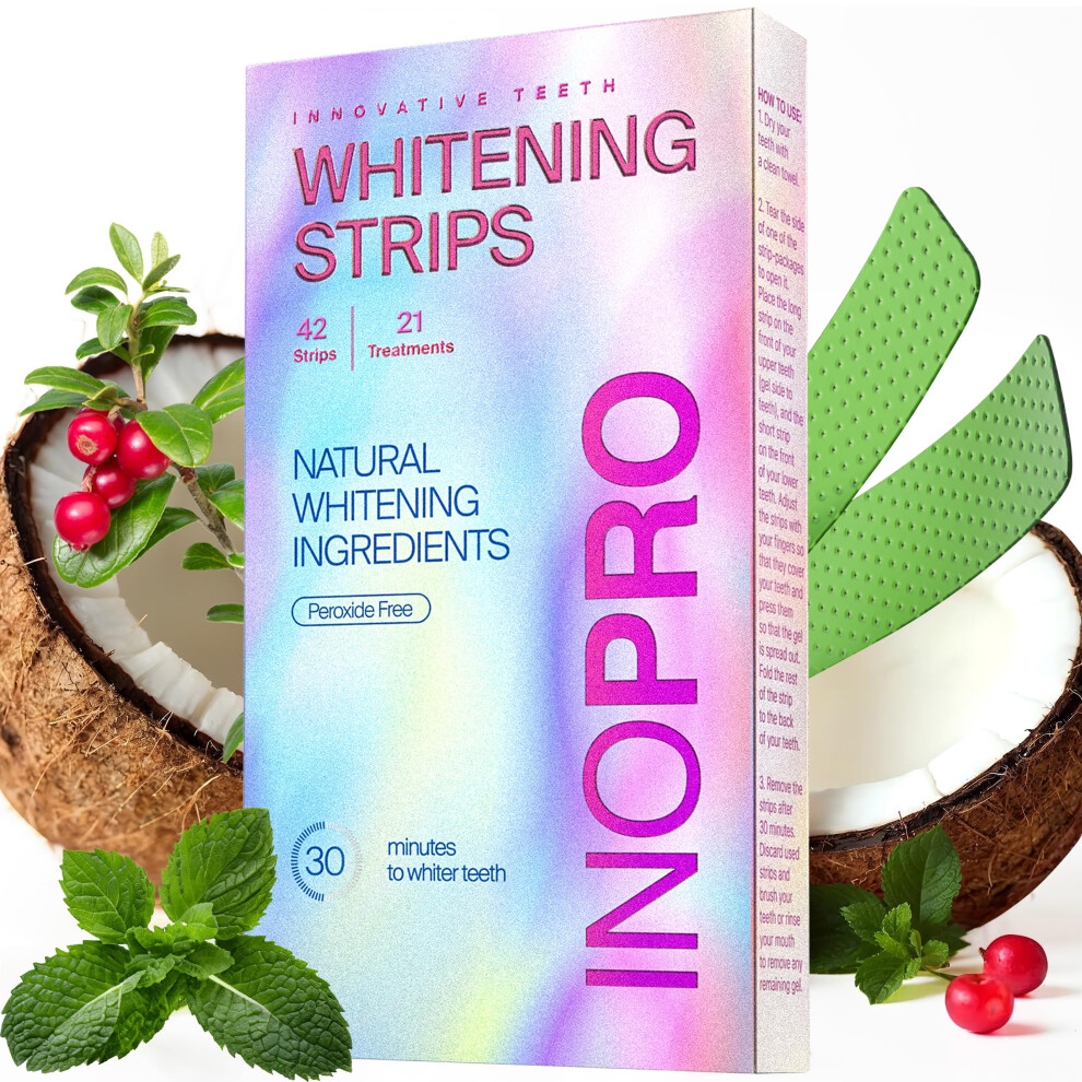 InoPro Teeth Whitening Strips 21 Treatments Kit - Teeth Whitener  Peroxide Free  Enamel Safe Green White Strips  Deep Stains Removal - Instant Teeth W