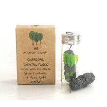 Veganistisch biologisch afbreekbare bamboe houtskool tandzijde met hervulbare glazen container | Gratis bijvullen | Natuurlijke candelillawas | 30Mx2