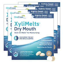 Oracoat xylimelts al   vio da boca seca hidratante discos aderentes orais 40 contagem 5 pacote levemente doce com xilitol para boca seca estimula a
