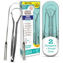 GuruNanda Spoon & U-Shaped Tongue Scraper Variety Pack (2 Pack) with Travel Case  420 Medical Grade Stainless Steel  Promotes Fresh Breath & Oral Care