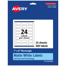 Avery matwitte rechthoekige etiketten met Sure Feed 1"" x 2"""" 600 matwitte afdrukbare etiketten