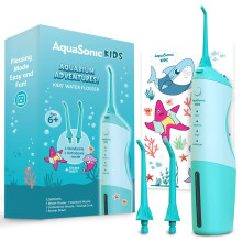 AquaSonic Munddusche fr Kinder ab 6 Jahren | Standarddse, kieferorthopdische Dse und wasserfeste Aufkleber | 4 Zahnseide-Modi | Thema Aquari