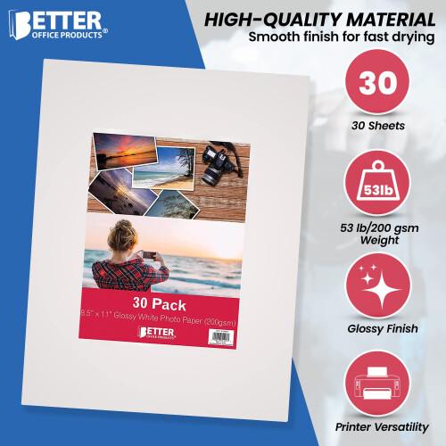 Better Office Products Paption Glossy Paper 8.5 x 11 polegadas 30 folhas 200 GSM Tamanho da letra 30 Count Pack 2