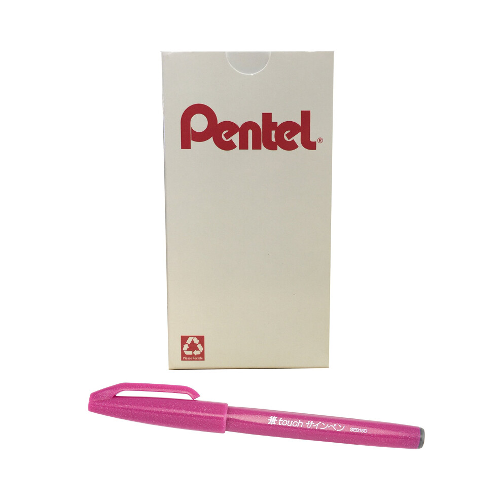 Pentel Arts Sign Pen Touch  Fude Brush Tip  Pink Ink  Box of 12 (SES15C-P)