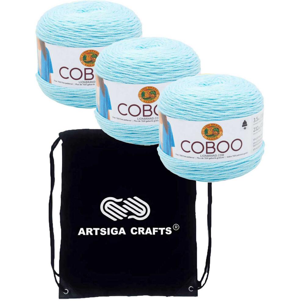 Lion Brand Coboo Ice Blue 835-106 (3-Skeins - Same Dye Lot) DK Light Worsted #3 Cotton  Bamboo Yarn for Crocheting and Knitting with Project Bag