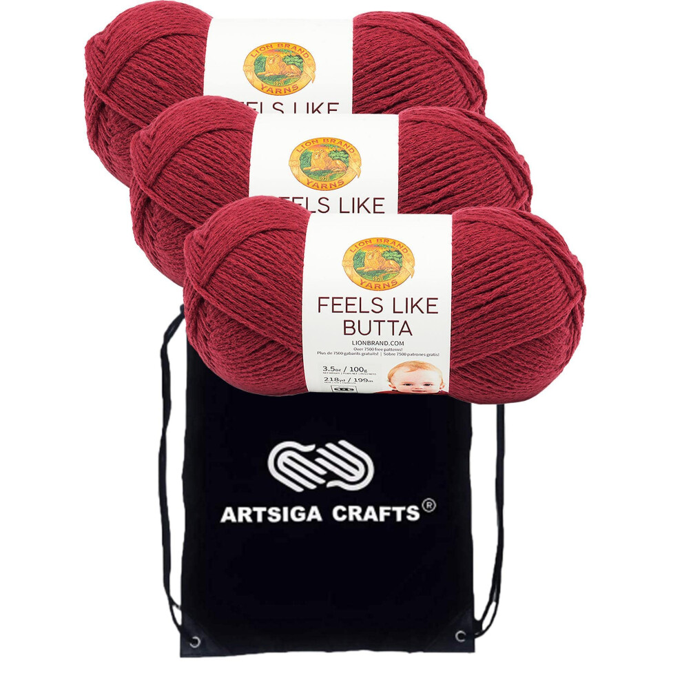 Lion Brand Feels Like Butta Cranberry 215-138 (3-Skeins - Same Dye Lot) Worsted Medium #4 Polyester Yarn for Crocheting and Knitting with Project Bag