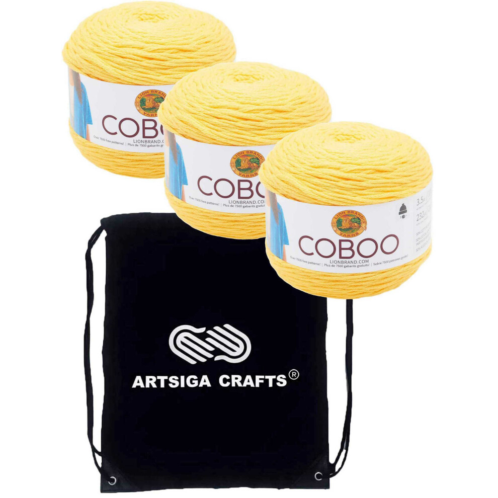 Lion Brand Coboo Yellow 835-157 (3-Skeins - Same Dye Lot) DK Light Worsted #3 Cotton  Bamboo Yarn for Crocheting and Knitting with Project Bag