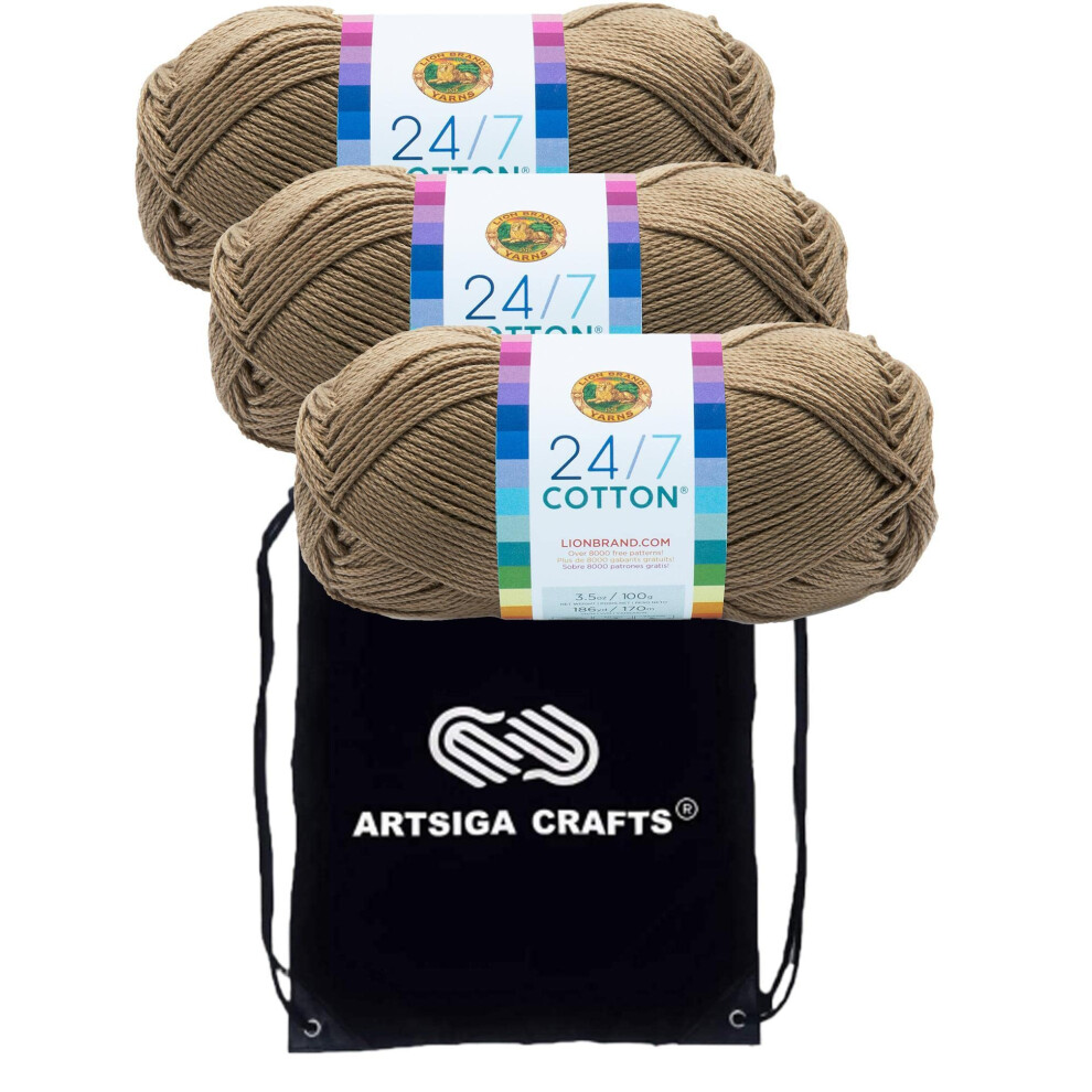 Lion Brand 24/7 Cotton Taupe 761-122 (3-Skeins - Same Dye Lot) Worsted Medium #4 Cotton Yarn for Crocheting and Knitting with Project Bag