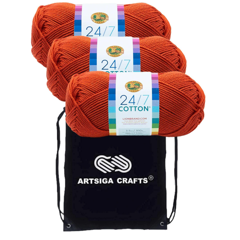 Lion Brand 24/7 Cotton Tangerine 761-133 (3-Skeins - Same Dye Lot) Worsted Medium #4 Cotton Yarn for Crocheting and Knitting with Project Bag