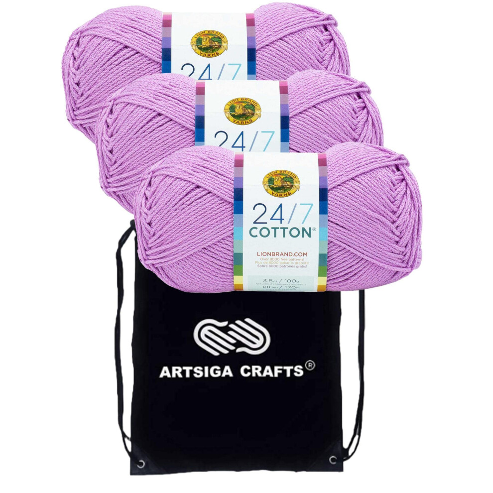 Lion Brand 24/7 Cotton Orchid 761-145 (3-Skeins - Same Dye Lot) Worsted Medium #4 Cotton Yarn for Crocheting and Knitting with Project Bag