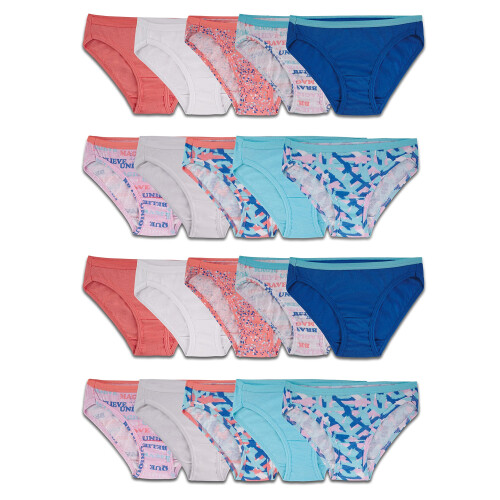 Fruit of the Loom Calcinhas de Algodão para Meninas, Pacote com 20 - Estampas Variadas, 10