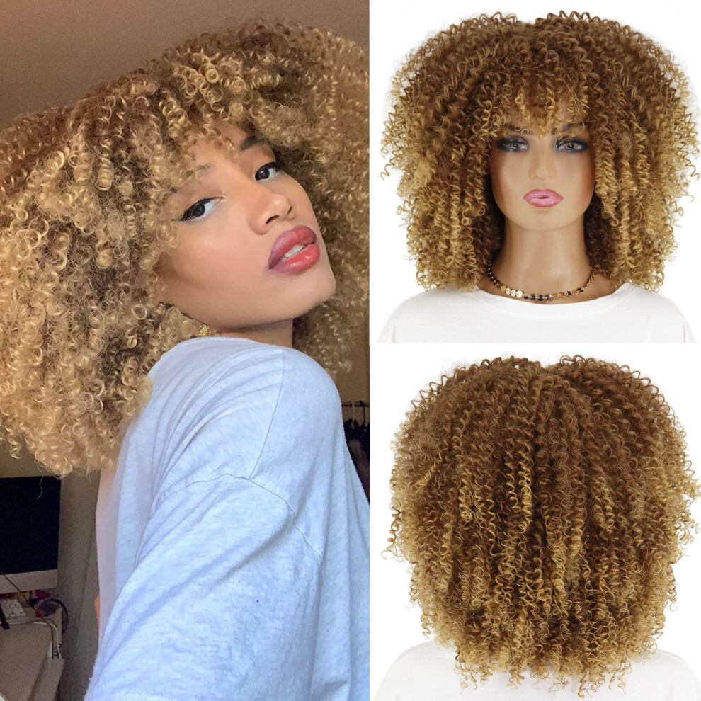 Linghang Afro Wigs For Black Women Kinky Curly Blonde Wig With Bangs Synthetic Heat Resistant Fiber Afro Wig For Daily Use
