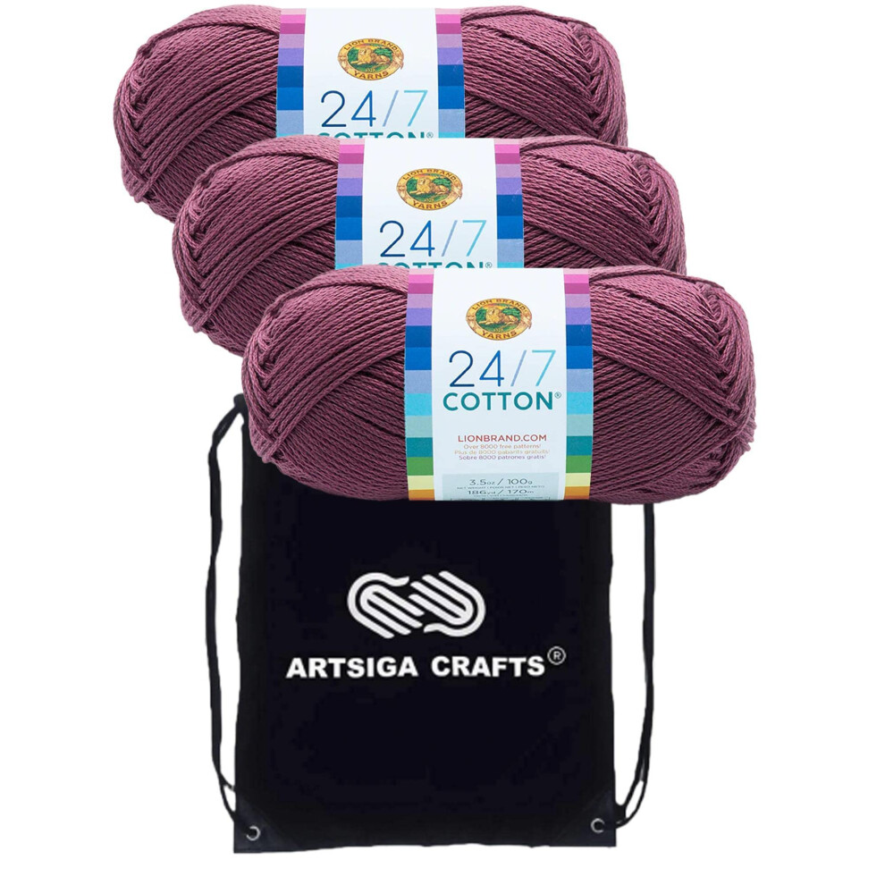 Lion Brand 24/7 Cotton Lilac 761-143 (3-Skeins - Same Dye Lot) Worsted Medium #4 Cotton Yarn for Crocheting and Knitting with Project Bag