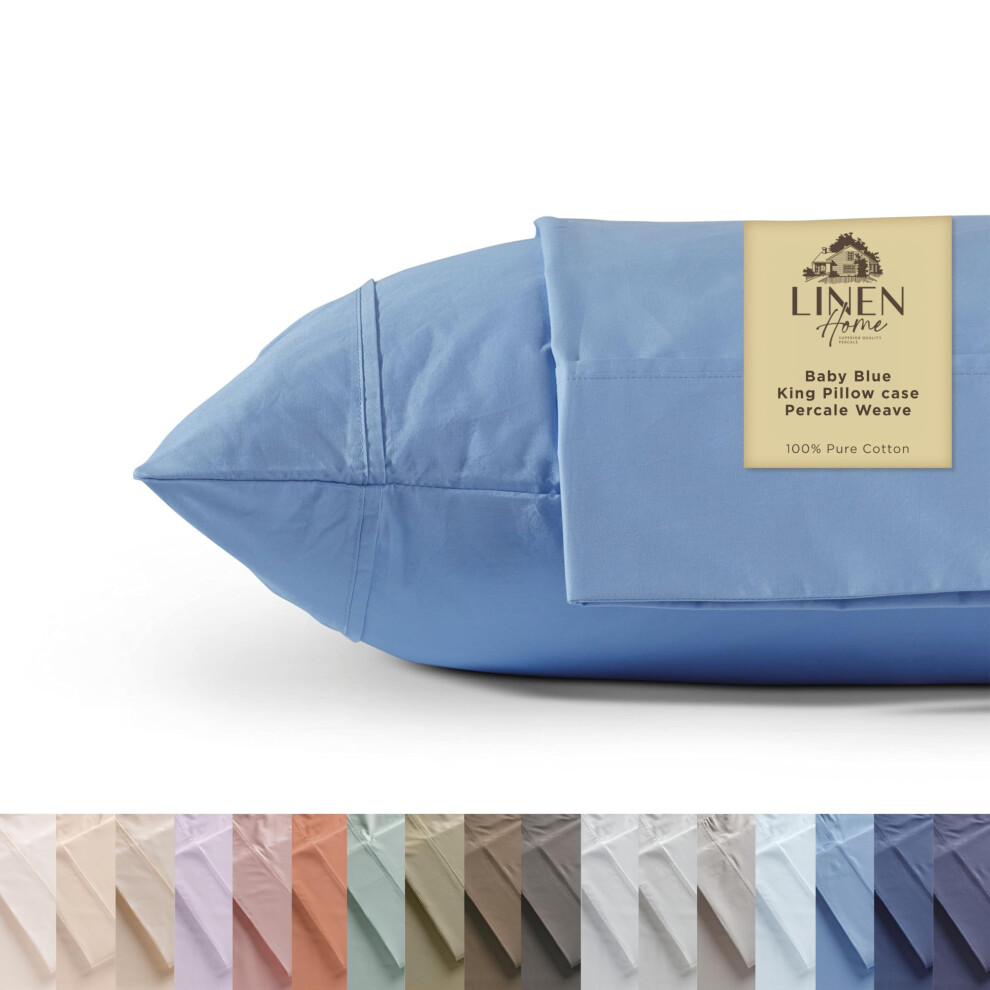 Linen Home Taies d'oreiller 100 % percale de coton King Size Bleu bébé 2 pièces de taie d'oreiller Linge de lit frais et résistant 20 pouces X 40