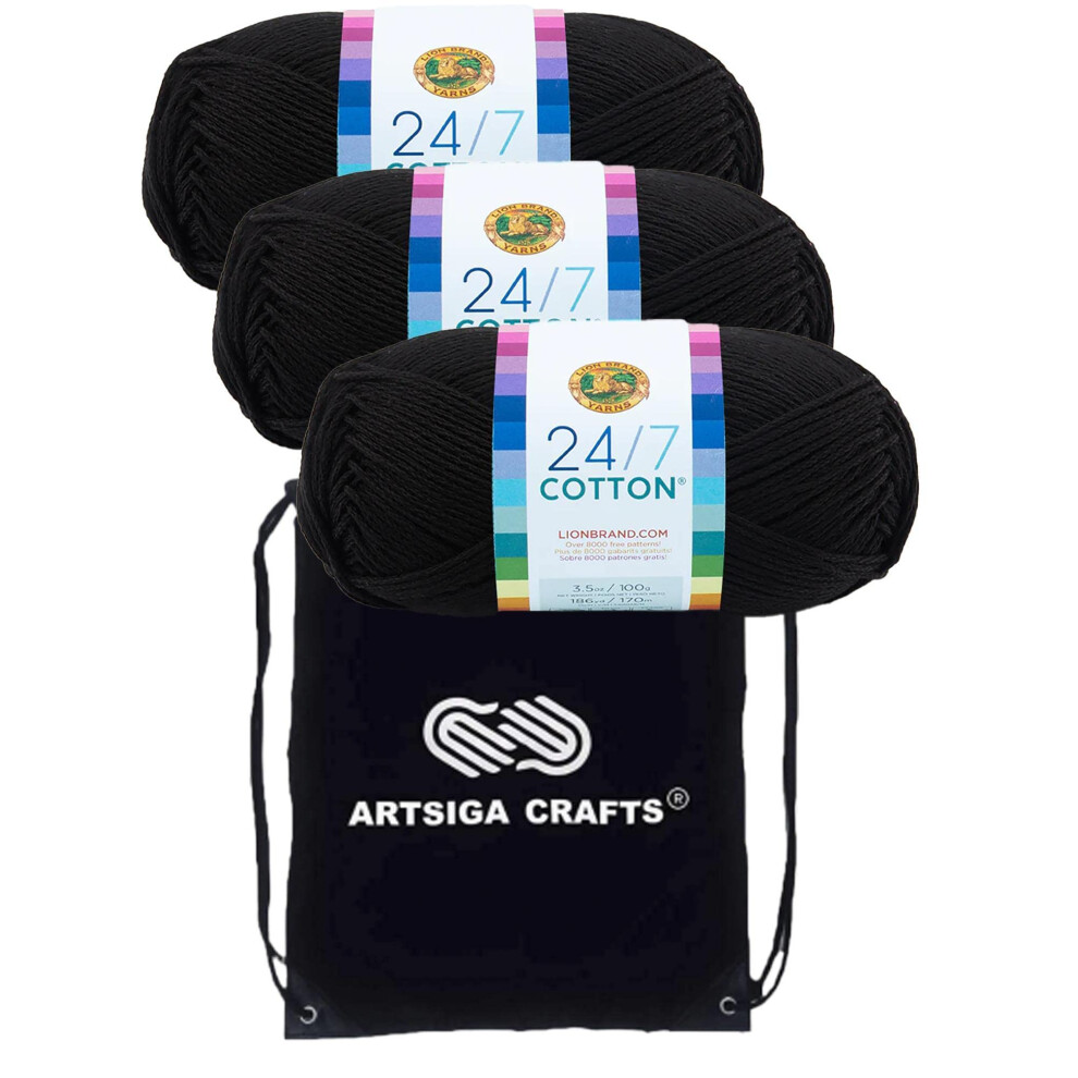 Lion Brand 24/7 Cotton Black 761-153 (3-Skeins - Same Dye Lot) Worsted Medium #4 Cotton Yarn for Crocheting and Knitting with Project Bag