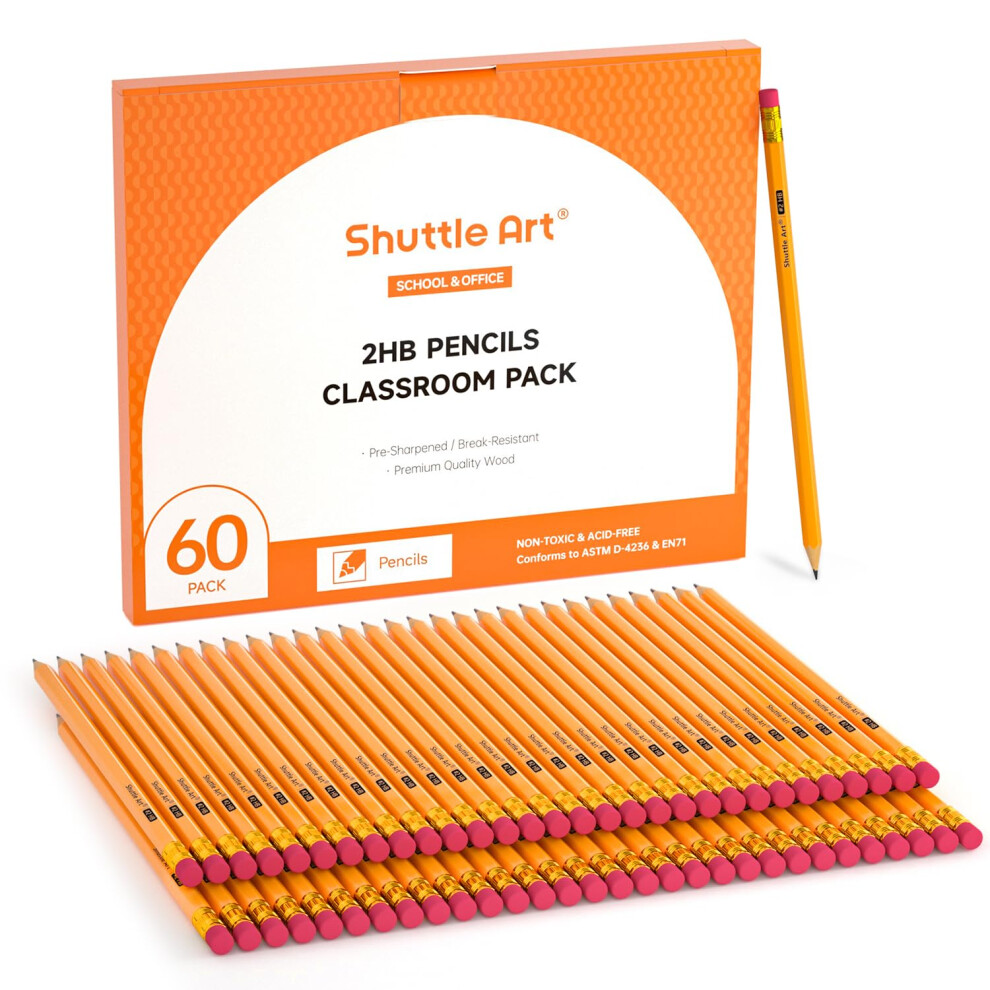 Shuttle Art Lot De 60 Crayons à Papier N 2 Hb Pré-TailléS Avec Gommes SupéRieures Crayons Jaunes En Bois De Qualité SupéRieure En Vrac Pour Four-image