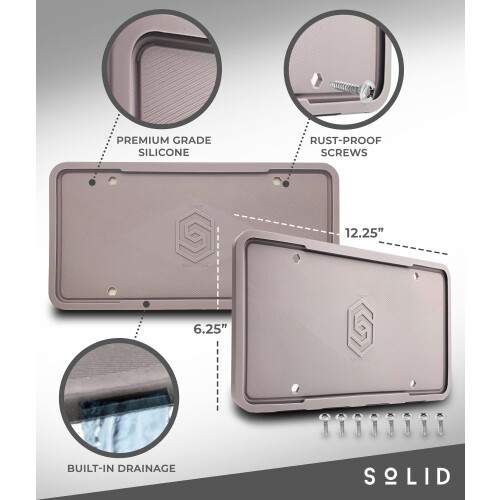 Silicone License Plate Frame Covers 2 Pack- Front and Back Car Plate Bracket Holders. Rust-Proof Rattle-Proof Weather-Proof (Grey) 2